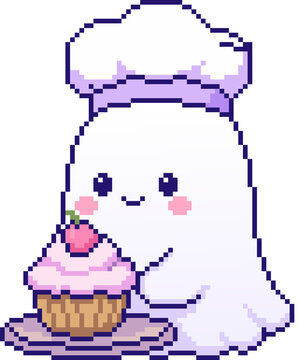 Pixel Art Cute Kawaii Ghost Character Chef Hat Holding Cupcake with Cherry Baking Spirit 8 Bit Retro Pixelated Mascot Icon for Video Games Mobile Apps Stickers and Food Design