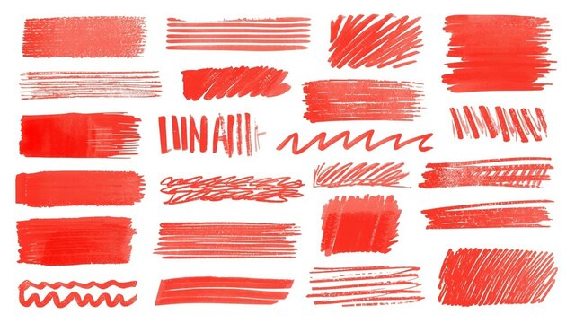 Red underline and strikethrough markers collection. Horizontal hand drawn marker stripes.
