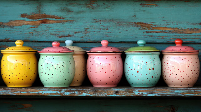 Colorful Ceramic Jars with Lids Lined Up on Distressed Wooden Shelf, Kitchen Decor