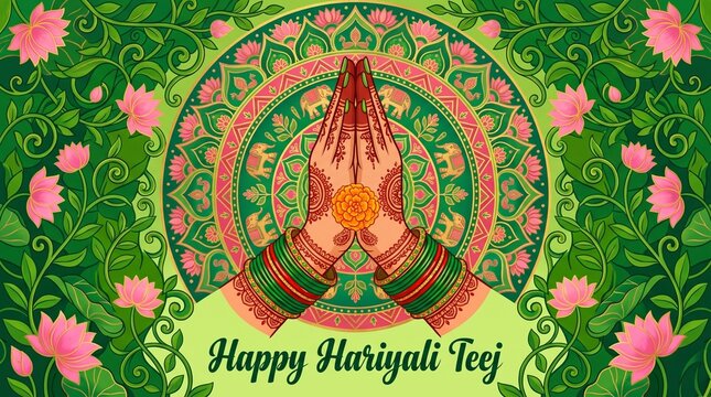 Hariyali Teej festival greeting with henna hand, floral pattern and text