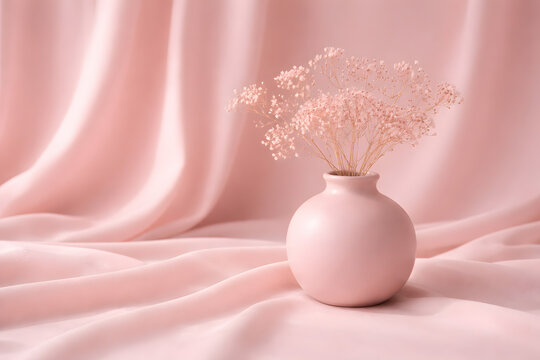 A minimalist composition featuring a small, round, matte pink vase filled with delicate babys breath flowers, set against a soft, draped pink fabric background