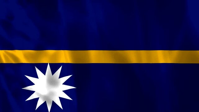 Waving national flag of Nauru with a blue field and gold horizontal stripe and twelvepointed white star