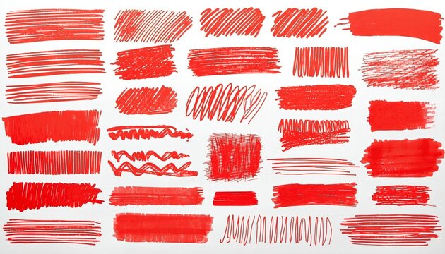Red underline and strikethrough markers collection. Horizontal hand drawn marker stripes.