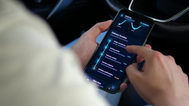 Customer tracks a parcel in real time on a smartphone, following the final delivery stages from warehouse to courier and secure doorstep handoff in a modern last-mile logistics app.