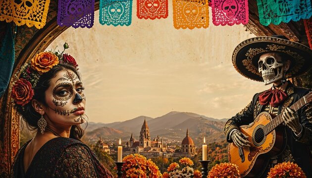 Woman in vibrant Day of the Dead face paint and floral headdress at cultural festival outdoors