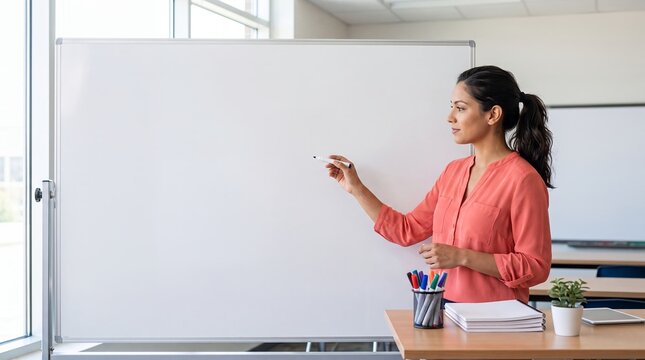 teacher classroom whiteboard school education lesson woman teaching planning students writes on a clean board for instruction preparation professional learning and educator recruitment campaigns
