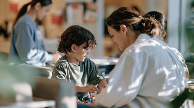 A child and a parent sitting together in a hospital garden corner, a small sensory kit spread between them during an ADHD meltdown recovery moment, the couple framing tender and grounded while a ped