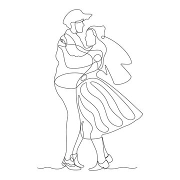 Continuous Line Art of Romantic Dancing Couple Vector Illustration Isolated on White Background