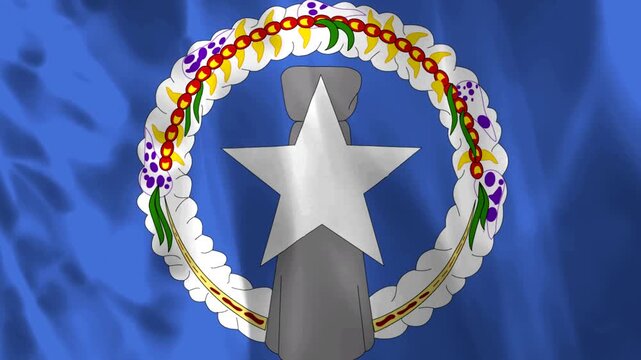 Waving flag of the Northern Mariana Islands featuring a blue background and a latte stone with star and flower wreath