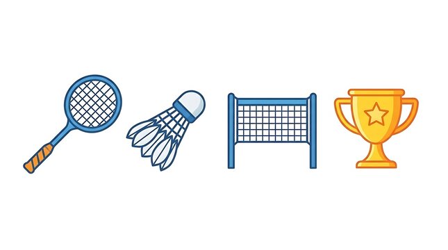 Badminton equipment icons racket shuttlecock net and trophy