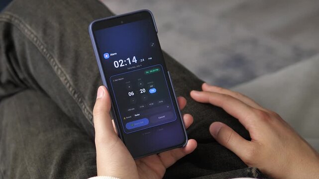 Hand interacting with a sleek dark-mode alarm clock interface on a mobile screen. Showcases intuitive UI design for bedtime tools and seamless digital scheduling.