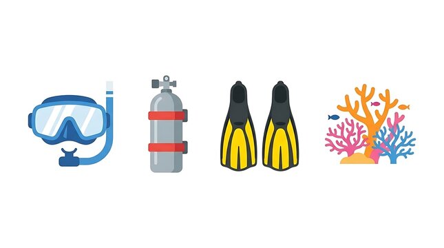 Colorful scuba diving equipment and coral reef icons.