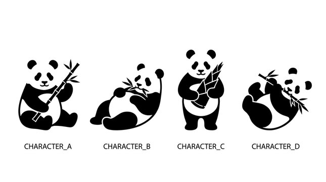 Cute panda character icons with bamboo stalks.