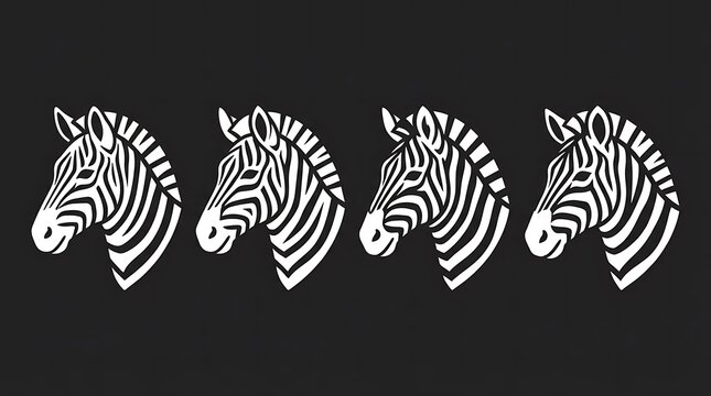 Four stylized zebra head portraits with stripe patterns.