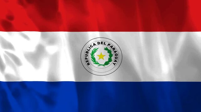 Waving flag of Paraguay with a tricolor design and national emblem on the central white stripe