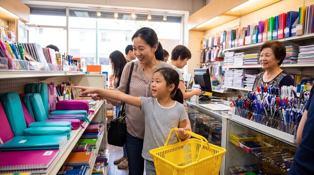 school supplies shopping mother daughter store education family stationery preparation choose notebooks and pencil cases together for new term budgeting parental support and seasonal retail campaigns