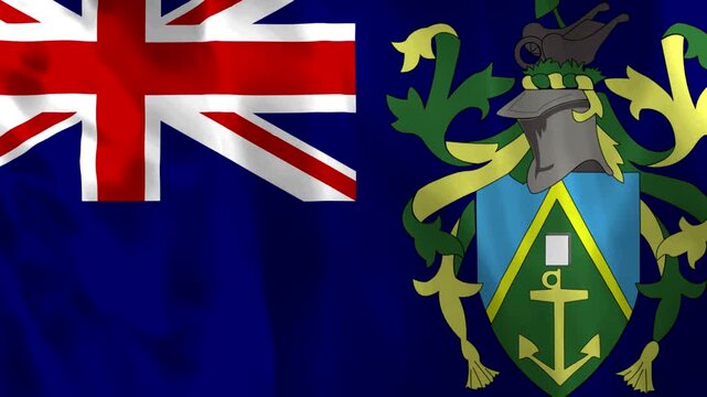 Waving flag of the Pitcairn Islands featuring the Union Jack and the national coat of arms