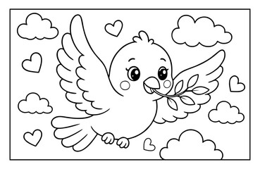 Cute bird coloring page with olive branch hearts and fluffy clouds for kids activity book illustration