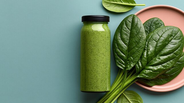 Fresh spinach leaves rest beside a vibrant green smoothie. Minimalist composition highlights health and vitality. The green hue evokes nature's energy and freshness. Perfect for wellness, nutrition