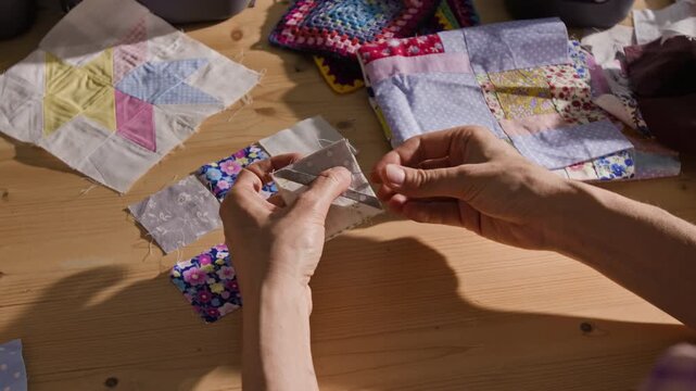 Over the shoulder shot of woman pinning colorful fabric patches together on wooden table, preparing patchwork quilt block. Video for DIY craft tutorials and creative hobby marketing campaigns