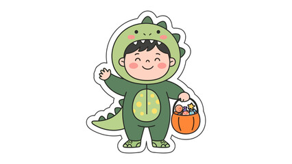 Cute Dinosaur Costume: A child dressed in a charming dinosaur costume waves cheerfully while holding a basket full of treats, embodying the playful spirit of childhood and costume fun.