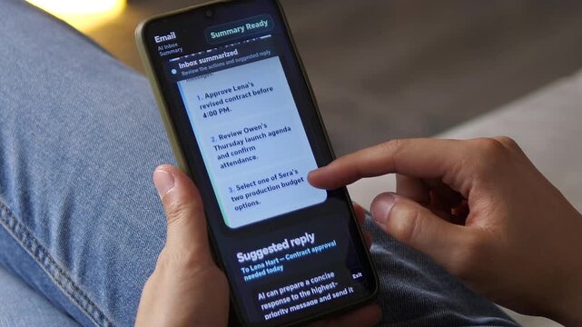 A user reviews an AI-prioritized inbox, identifies urgent tasks and sends a suggested reply, capturing how intelligent automation is reshaping everyday digital work.
