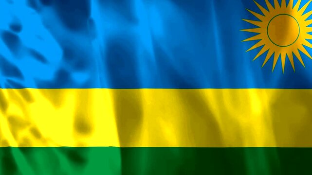 A highly detailed waving flag of Rwanda with smooth fabric texture and bright blue yellow and green colors