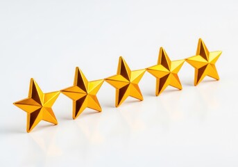 Fototapeta premium A set of brilliant golden stars arranged horizontally on a clean white surface, showcasing high quality, excellence and top performance, quality, isolated, bright