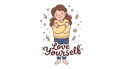 Self-love Embrace: A happy young woman, with closed eyes and a gentle smile, hugs herself warmly, surrounded by decorative elements like leaves and stars, embodying the powerful message Love Yourself.