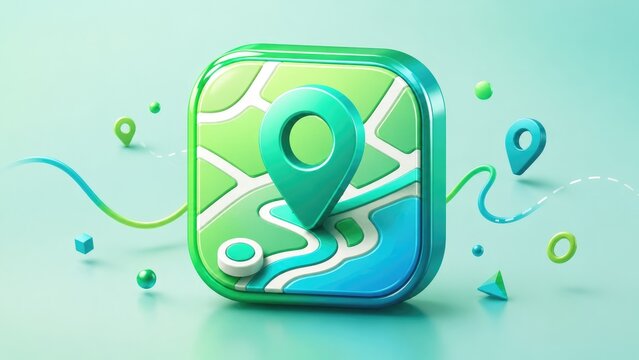 Glossy 3D map app icon with location pin, winding route and water detail in teal and green colors