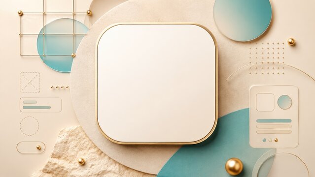 Minimal luxury product mockup with rounded square blank label, gold accents and teal-beige geometric flat lay composition