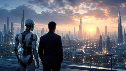 Fototapeta premium Businessman and humanoid robot stand on a balcony overlooking a futuristic city skyline at sunset