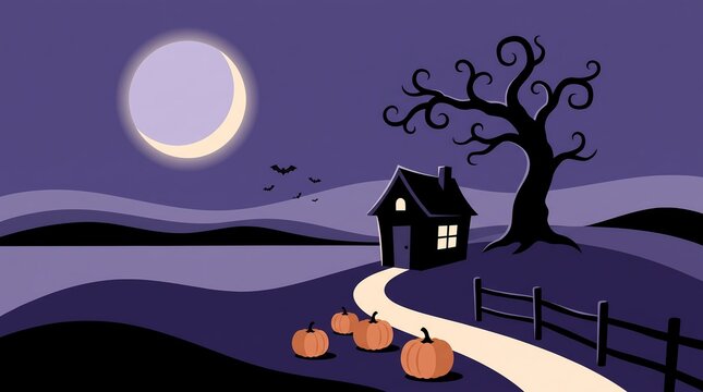 Halloween vector background showing spooky night landscape with full moon house bare tree and orange pumpkins along path