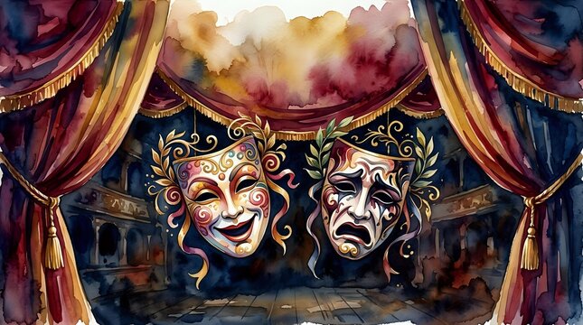 Comedy and tragedy theater masks with red velvet curtains, watercolor style, symbolizing drama arts, perfect for theater posters and playbills.