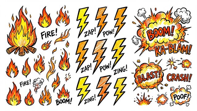 Hand-drawn set of comic book style fire lightning bolts and explosion elements with sound effects perfect for graphic design and game assets