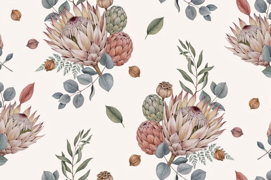 Seamless pattern with watercolor king protea flowers, green eucalyptus leaves, and dried seed pods on a light cream background, floral