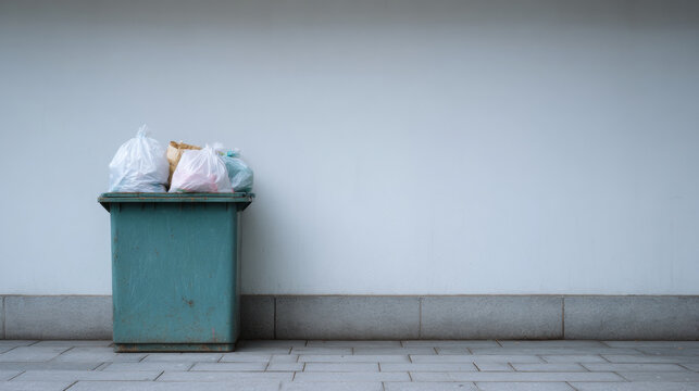 Overflowing trash bin against plain wall