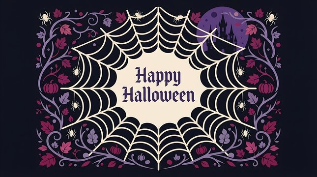 Decorative vintage style spider web frame design for a spooky helloween greeting card with dark floral elements