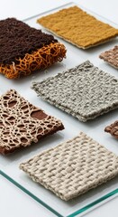 Fototapeta premium Close-up of futuristic biodegradable textile samples made from lab-grown mycelium and organic fibers displayed on a sleek glass surface, circular, production, eco-friendly