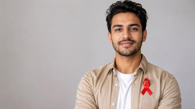 Young man wearing a red awareness ribbon on his shirt, smiling in a neutral studio portrait promoting HIV awareness and support