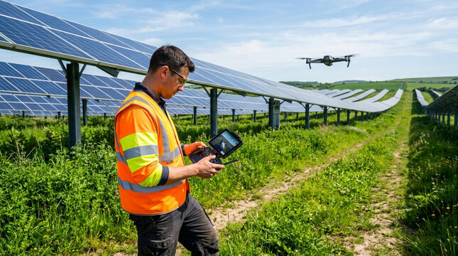 Male technician in a high-visibility orange safety vest using a remote control with a screen to fly a drone for inspection of solar panel arrays at a renewable energy farm.