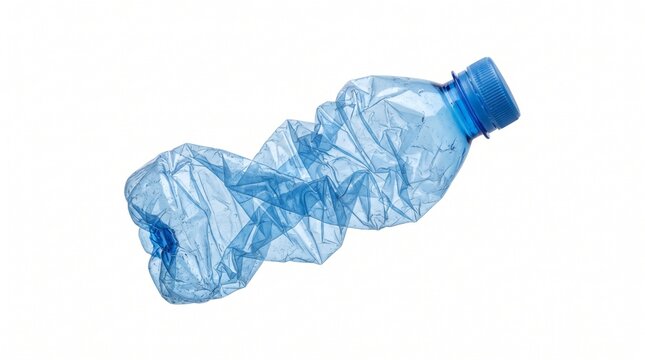 Crushed blue plastic water bottle isolated on white