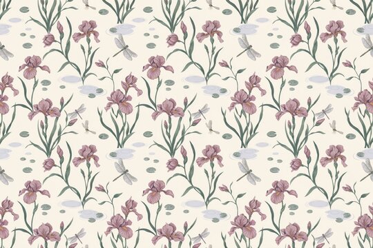 Seamless pattern with watercolor purple iris flowers, green stems, leaves, and dragonflies on a light beige background, with small water spots