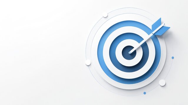 Blue and white 3D target with arrow hitting bullseye, minimal modern concentric rings symbolizing goal, success, precision and business strategy