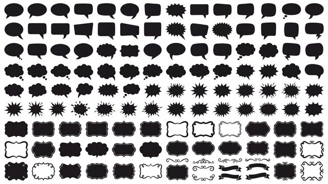 Large set of black silhouette speech bubbles thought balloons comic bursts and decorative frames flat vector design elements for web app and graphic desi