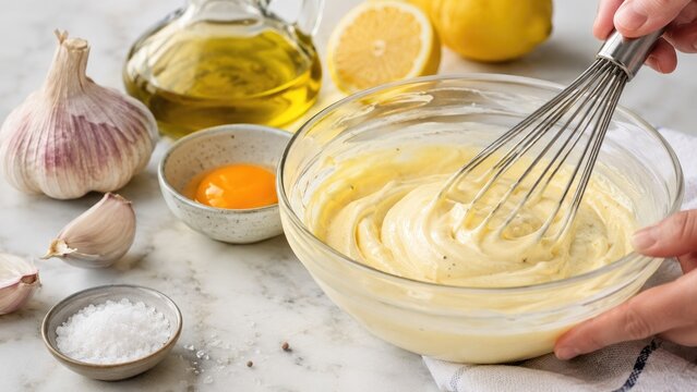 Whisking creamy homemade mayonnaise in a glass bowl with egg yolk, olive oil, garlic, lemon and sea salt on a marble countertop
