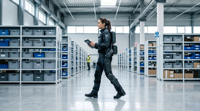 Full body view of a female worker wearing a powered exoskeleton suit and holding a digital tablet while walking in a large modern warehouse with metal storage shelves and bins.