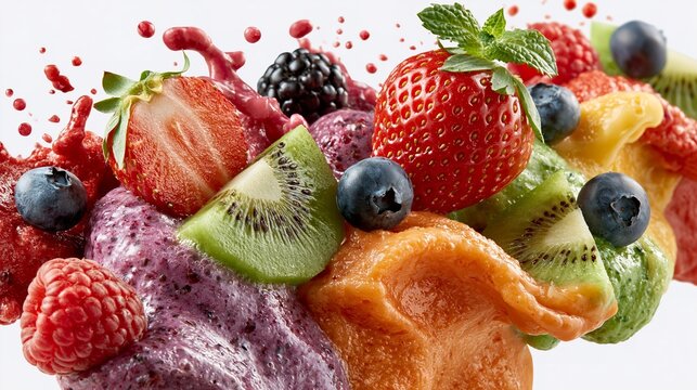 Vibrant fruits splash against a clean white background. Strawberries, kiwi, blueberries, raspberries, blackberries, and mint.