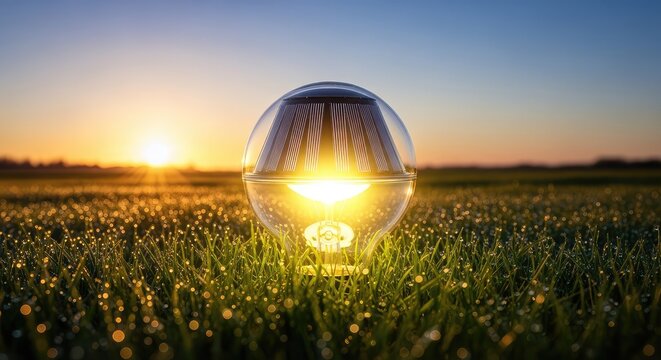 Innovative eco-friendly light bulb glows brilliantly as it harvests pure sunlight on a lush green meadow during a clear and golden sunset, light, electric, conservation