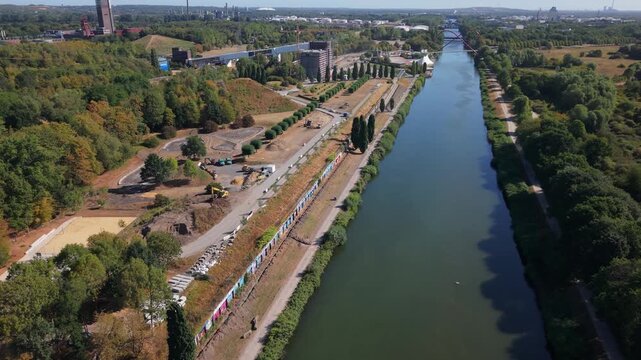 Aerial Drone Flight over Nordsternpark Construction Site with Rhine-Herne Canal and Scaffolding in Gelsenkirchen Germany